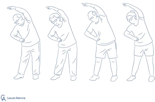 Illustration Cabinet Albertine – Résidents d'EHPAD pratiquant des exercices de gym douce en groupe