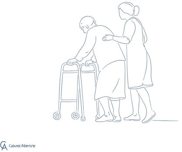 Illustration Cabinet Albertine – Soignante soutenant une personne âgée utilisant un déambulateur, prise en charge EHPAD