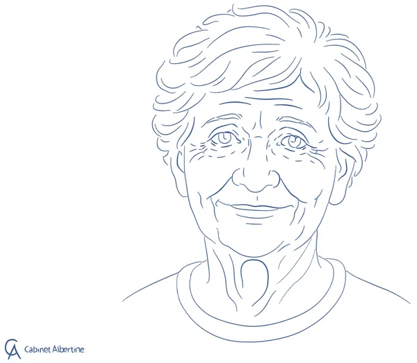 Illustration Cabinet Albertine – Portrait d'une résidente d'EHPAD souriante, bien accompagnée au quotidien
