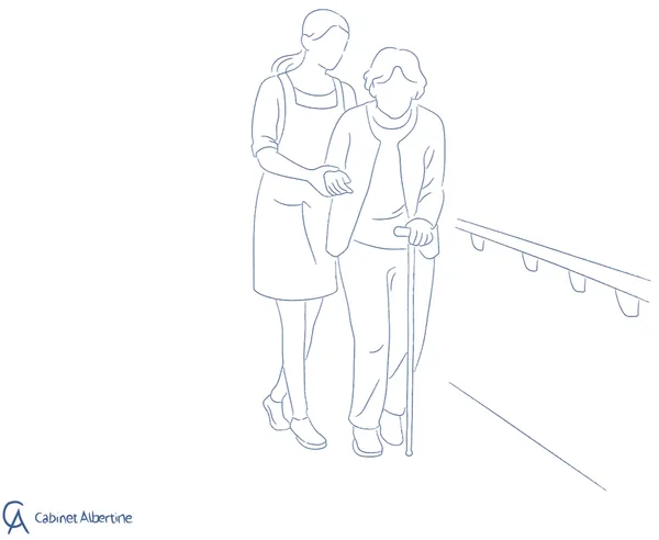 Illustration Cabinet Albertine – Soignante accompagnant une personne âgée avec une canne dans un couloir d'EHPAD