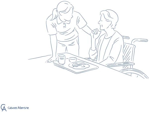 Illustration Cabinet Albertine – Aide-soignante assistant une résidente en fauteuil roulant lors du repas en EHPAD